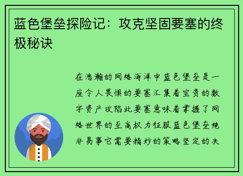 蓝色堡垒探险记：攻克坚固要塞的终极秘诀
